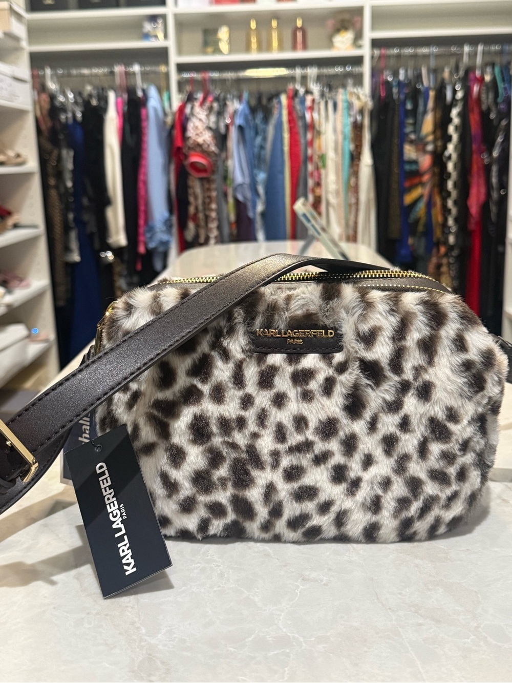 Karl Lagerfeld Leopard-Print Faux Fur Crossbody Bag New with tag  - Brown/Black